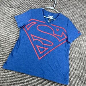 Under Armour Shirt Womens Large‎ Blue Superman Logo Graphic V Neck Short Sleeve